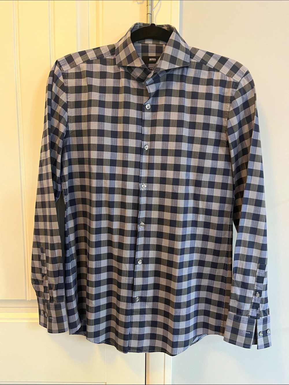 Boss Men's Navy and Gray Check Dress Shirt